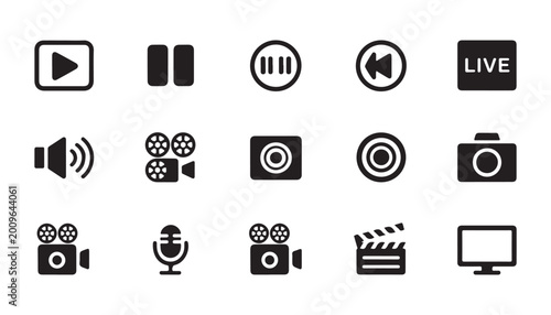 Tableau sur toile Multimedia icons play pause stop rewind live video camera sound and other media related symbols