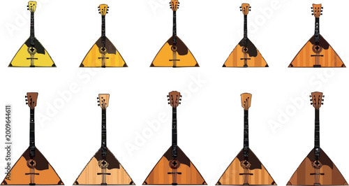 Obraz na płótnie Set of Traditional Balalaika String Instruments in Various Wood Tones and Styles