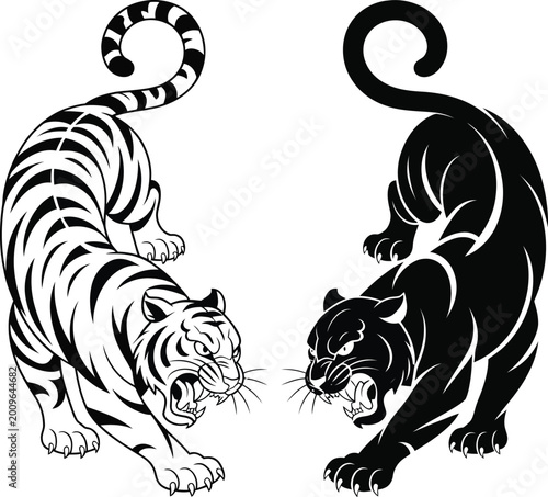 Bild auf Leinwand Engraving style tiger and panther illustration featuring detailed wildlife portraits for vintage tattoo art, animal branding, and classic engraving design visuals