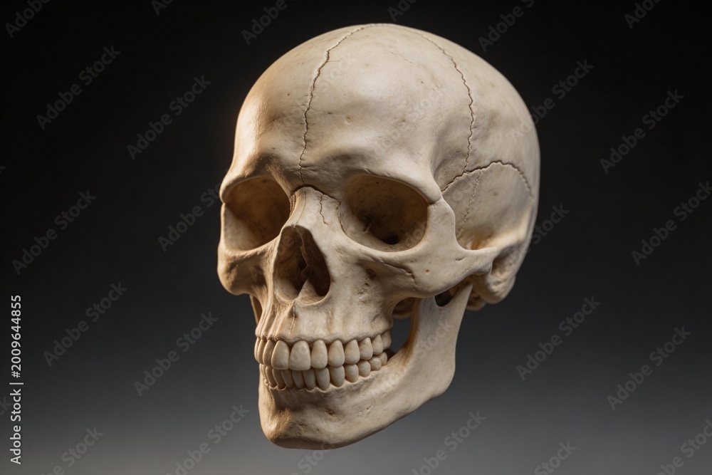 Fototapeta premium Human skull model against dark background