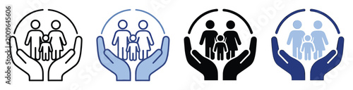 Hands protecting a family icon illustrating care and security for insurance or social services campaigns