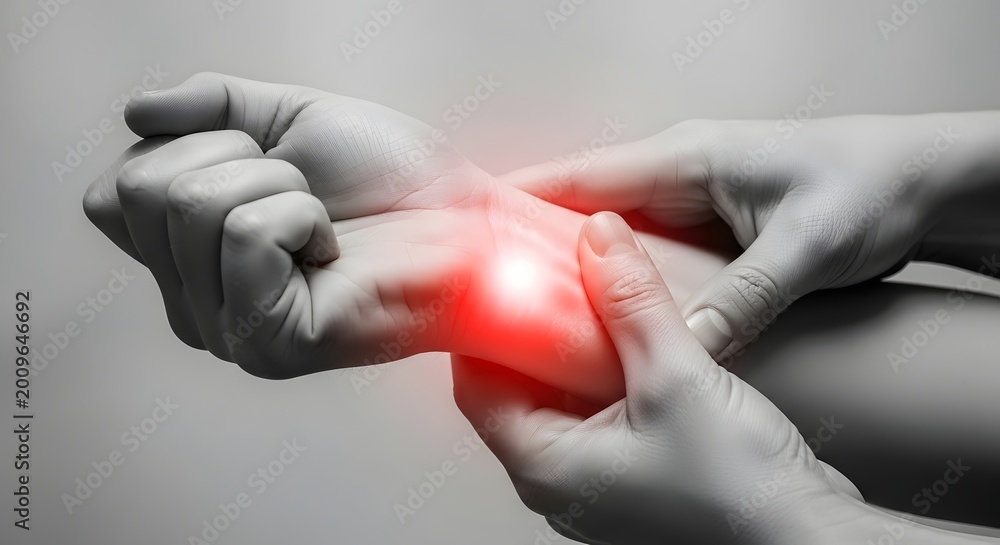 Fototapeta premium Carpal tunnel syndrome and wrist joint inflammation. Repetitive strain and hand health care. Close up of hands holding a pained wrist with a red glow