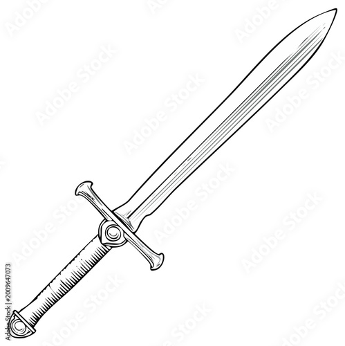 Detailed line art illustration of a classic medieval sword with cross guard and ridged hilt handle