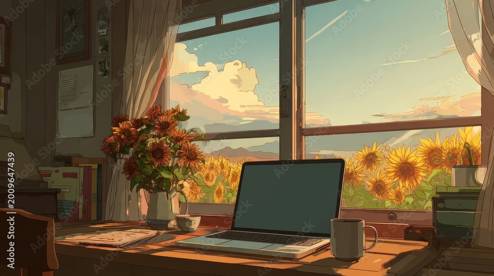 Fototapeta premium Cozy Anime Study Corner: Laptop on Desk, Sunflower Field View, Warm Sunlight Through Window