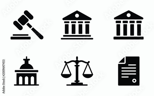 Tableau sur toile Black silhouette icons of law and justice symbols including gavel courthouse sca