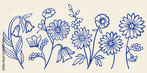 Bild auf Leinwand Stylized floral arrangement with daisies and bellflowers blue line drawing on cr