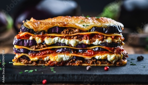 Stacked layered eggplant parmesan with glossy melted cheese and fresh herbs on black slate