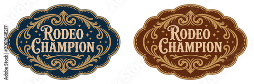 Foto Rodeo champion cowboy label belt buckle bull rider medal ornate typographic emblem vintage western vector design for ranch branding, posters, apparel, and logo badges