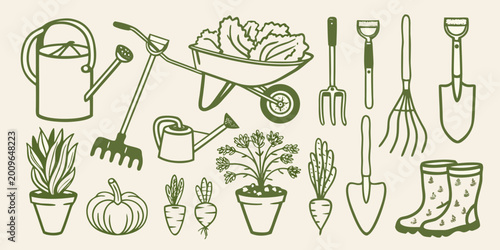 Gardening tools collection including watering can wheelbarrow and gardening implements hand drawn style high quality