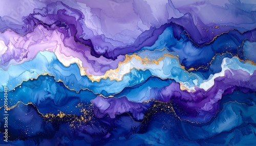 blue and purple abstract background, colorful alcoholink art with gold line, 
