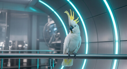 A bold editorial photo of a white cockatiel with yellow crest perched on a metallic railing in a futuristic neon-lit industrial setting with sleek architecture