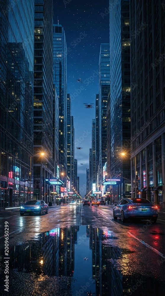 Naklejka premium rainy night cityscape with neon reflections and bustling urban traffic in downtown metropolis