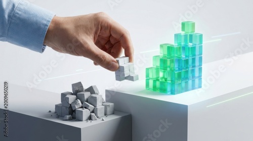A person's hand reaching into a stack of cubes signifying investment reallocation shift concept in business strategy