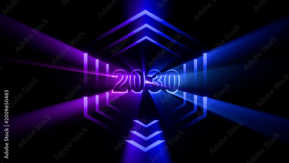 Obraz premium Futuristic 2030 Neon Glowing Background with Cyberpunk Hexagonal Geometry and Blue Pink Light Rays