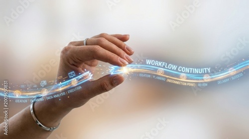 Individual holding a blue and white ribbon symbolizing reconnection and alignment in workflow segments for efficiency