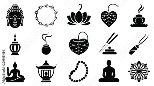 Foto A collection of 15 minimalist black silhouettes representing buddhist and medita