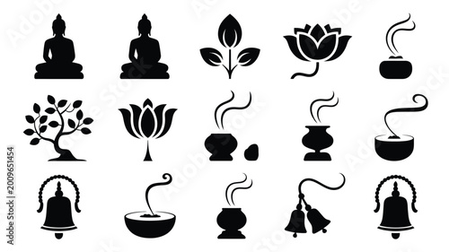 Cuadro en lienzo A collection of 15 minimalist black silhouettes featuring buddhist and meditatio