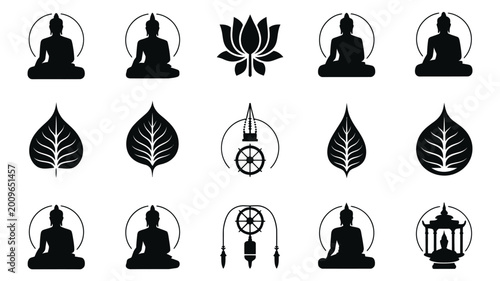Photography Buddha symbols and meditation icons with lotus flowers leaves and wheels