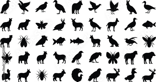 Black Animal Silhouettes on White Background
