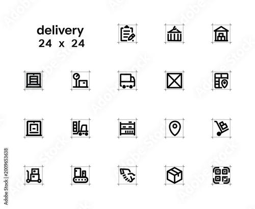 Set of minimalist outline vector icons on the theme of  delivery of goods and postal services. 24x24, editable outline