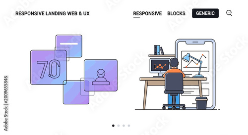 Web design illustration featuring ui ux elements and user working on a computer