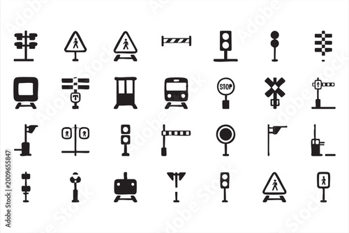 Railway crossing traffic icons set with signals, barriers, warning signs, and transport safety symbols