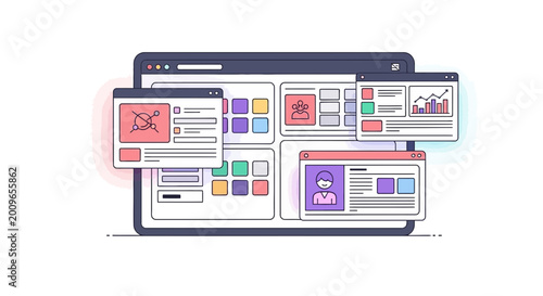 Website interface with multiple windows showing data and profiles on white background