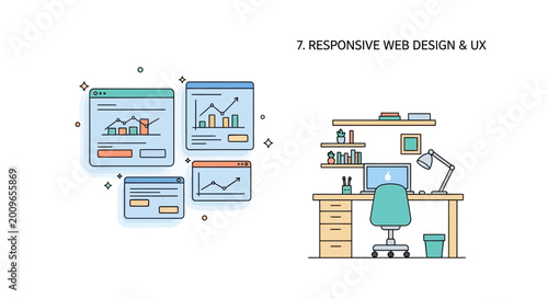 Web design illustration showing charts and a desk with a computer and lamp