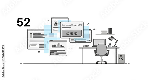 Web design illustration showing computer desktop with user interface designs
