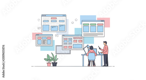 Web developers working on software interface diagrams vector illustration