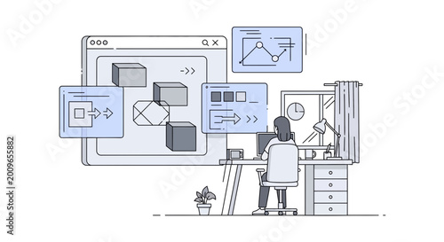 Woman working at a desk with a computer and data analysis elements