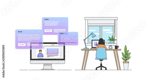 Woman working at a desk with a computer and floating interface elements
