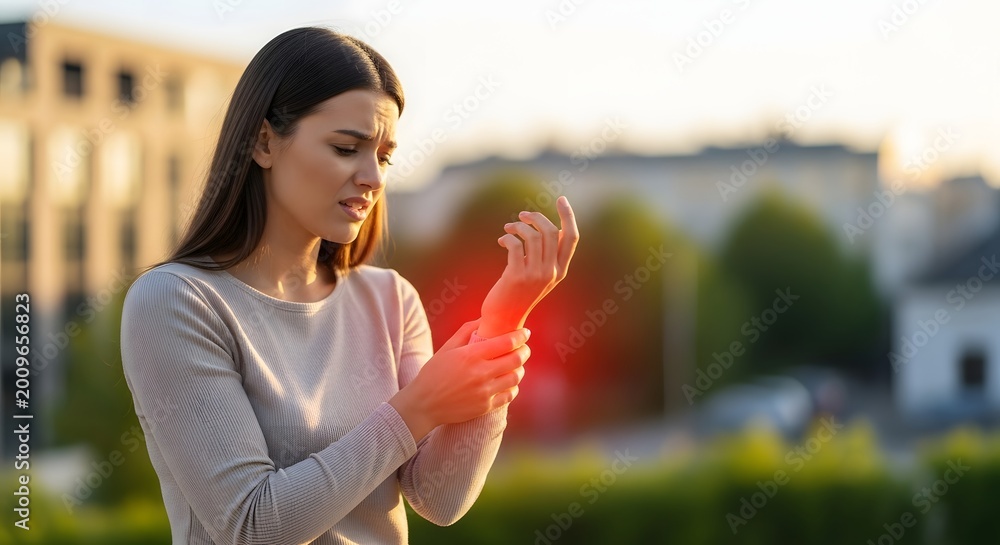 Fototapeta premium Young woman holding her painful wrist in an urban setting. Carpal tunnel syndrome and joint inflammation. Female feeling sharp pain in her hand outdoors with a red glow