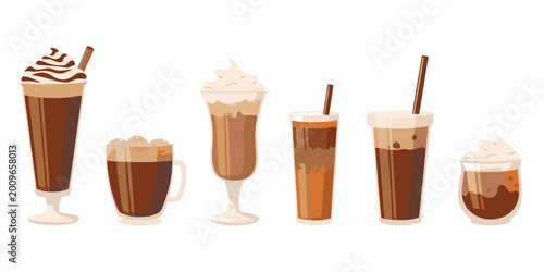 Canvas-taulu various coffee drinks in glasses and mugs vector illustration