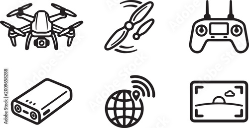 Drone and drone accessories vector line icons set. modern drone technology, remote control, and power bank.