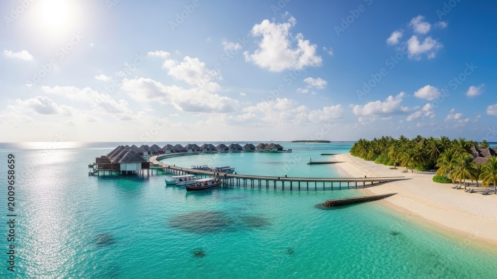 Obraz premium overwater bungalows tropical beach resort aerial view turquoise lagoon paradise vacation