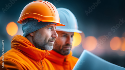 Construction Team Reviewing Architectural Blueprints at Active Building Site - Teamwork and Engineering Concept with Cinematic Premium Look and Dramatic Lighting

