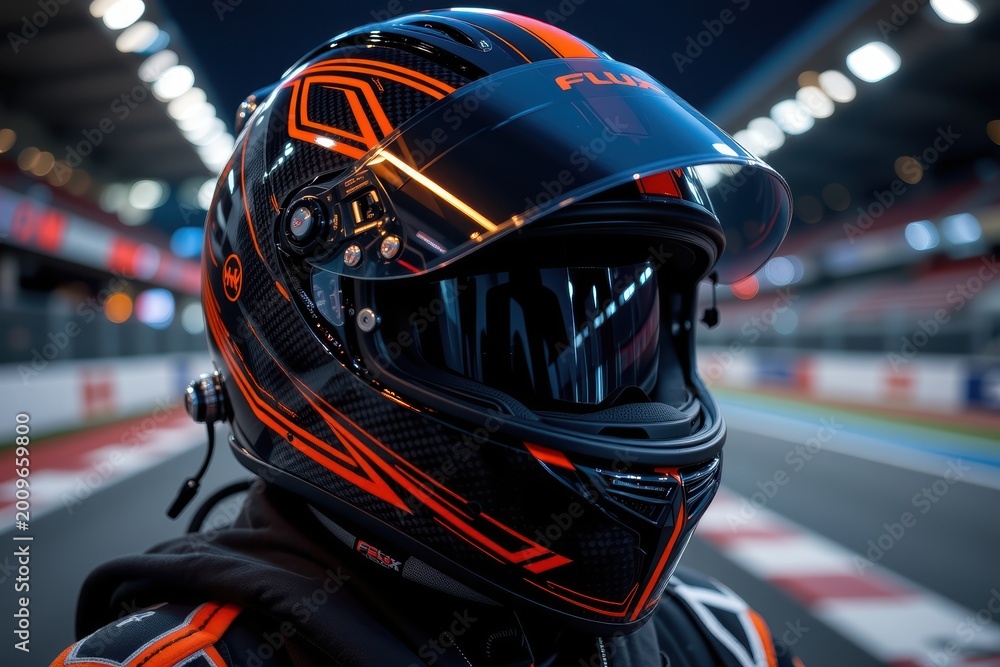 Fototapeta premium Close-up of a racer wearing a detailed black and orange helmet in an indoor racing track.