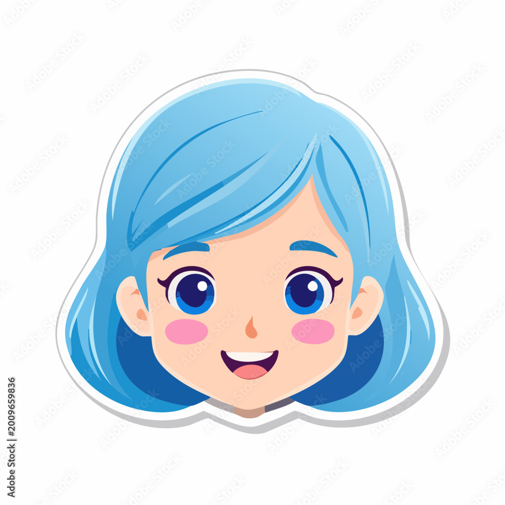 Fototapeta premium Cute Cartoon Girl with Blue Hair and Big Blue Eyes