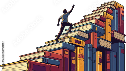 Tableau sur toile Illustration of man climbing stairs made of colorful books reaching for success and goals