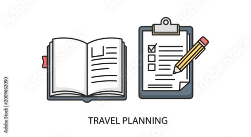 Vector illustration of travel planning tools a notebook for ideas and a checklist with a pencil, symbolizing efficient trip organization and preparation for a smooth journey
