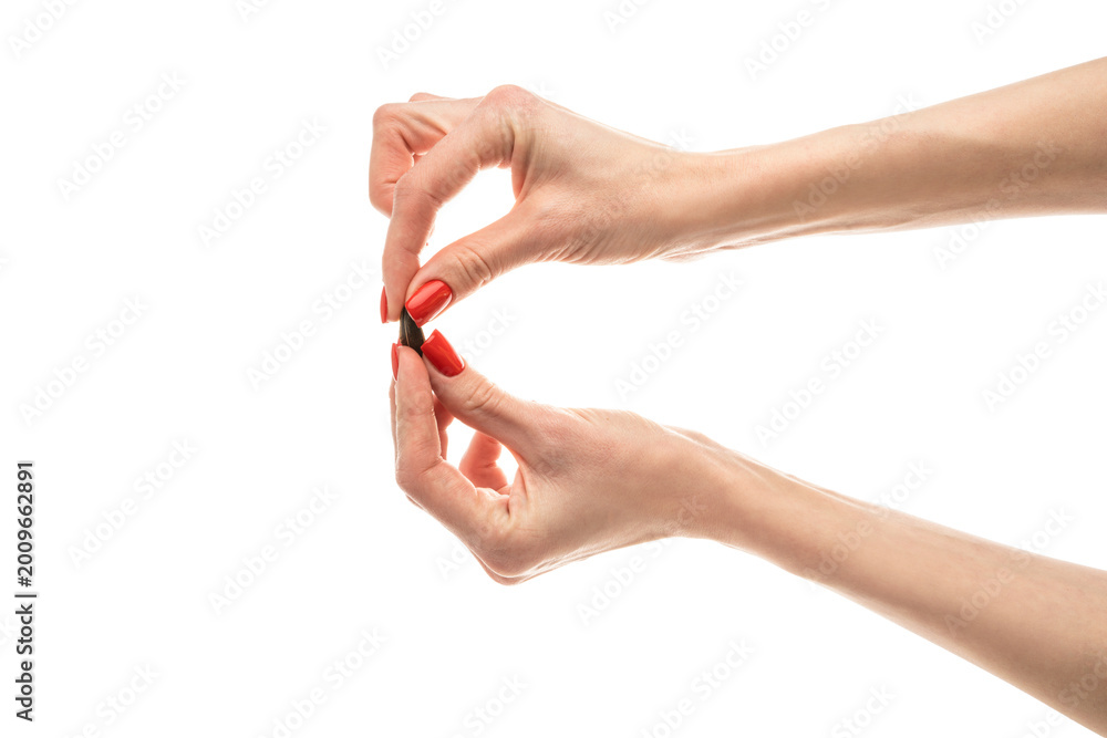 Fototapeta premium Female hand sunflower seeds on a white background isolation
