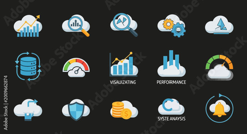Comprehensive collection of modern cloud computing and data analytics icons illustrating digital infrastructure, performance monitoring, security, and financial management for business solutions