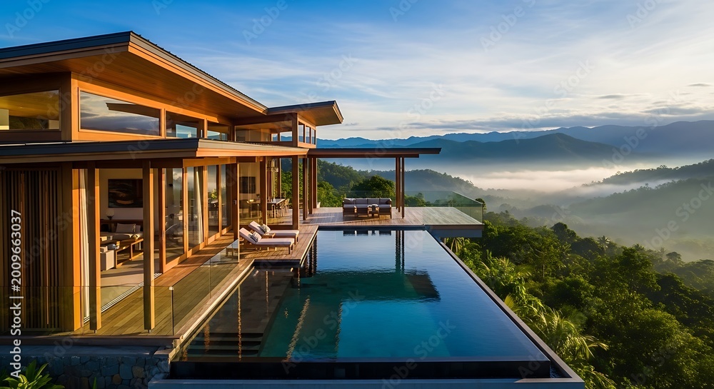 Fototapeta premium Modern luxury villa features a spacious wooden deck with an infinity swimming pool and comfortable lounge furniture for outdoor relaxation