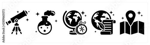 Fotografía A set of 5 icons as telescope, flask, geography