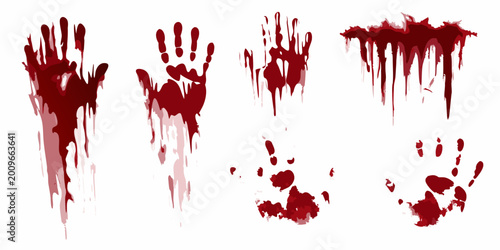 Collection of realistic blood splatters and handprints in red isolated on white background high quality