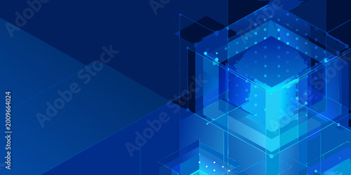 Fotografía Abstract geometric blue cubes and lines modern digital technology background ill