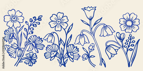 Bild auf Leinwand Stylized floral collection with daisies lilies and bellflowers in a blue line dr