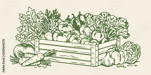 Quadro em tela Wooden crate overflowing with fresh produce including tomatoes carrots and leafy