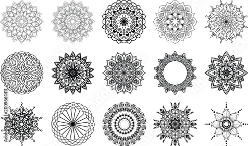 Schilderij op canvas Set of 15 black and white intricate mandala graphics and radial designs with web